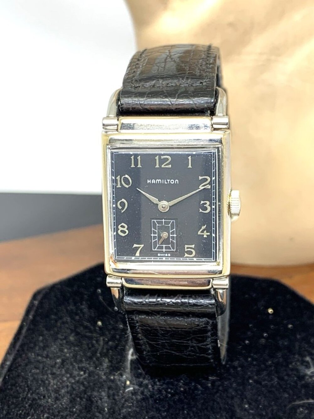 Hamilton Watch 0654 Vintage Swiss Quartz Black Dial Leather Strap Tank 22mm